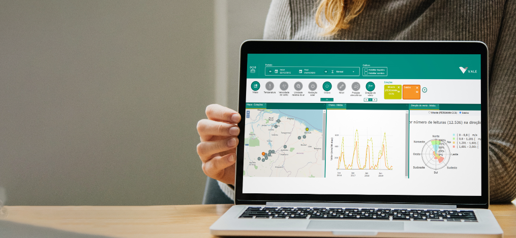 Notebook prateado aberto com um dashboard cheio de gráficos na tela. Atrás, há uma pessoa que coloca uma das mãos sobre a tela.