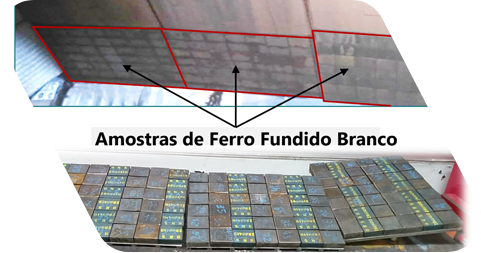 Montagem com duas imagens de amostras de ferro fundido branco.