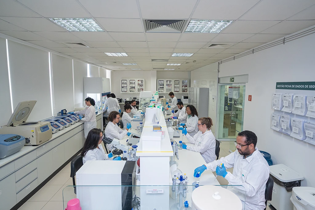 Equipe de pesquisadores no laboratório do Instituto Tecnológico Vale, realizando experimentos.
