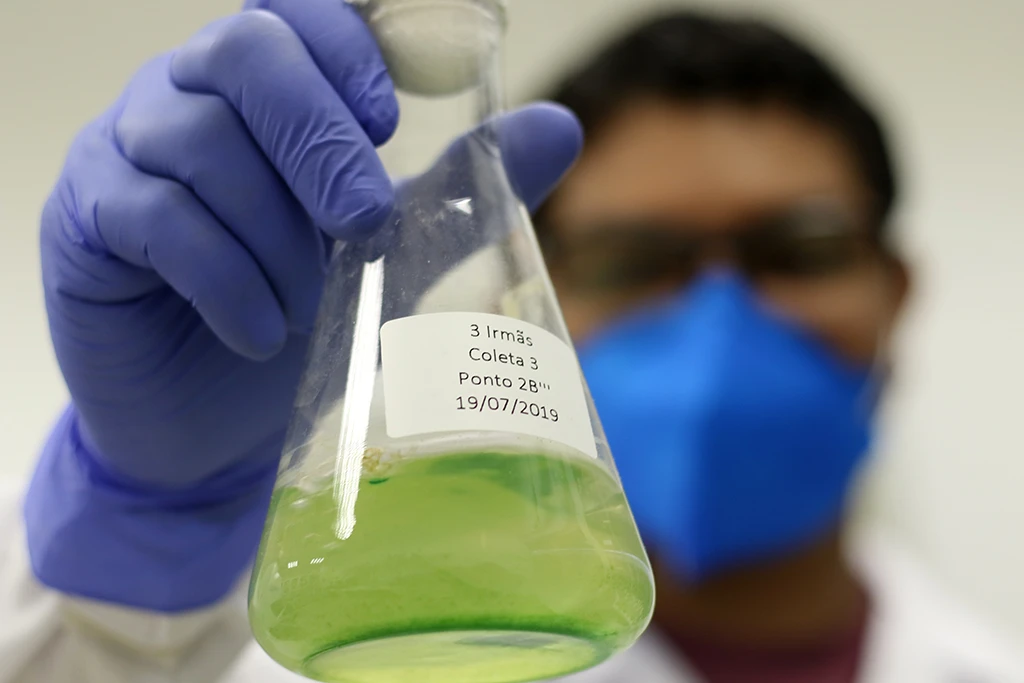 Close-up de um pesquisador com luvas azuis segurando um frasco de laboratório com líquido verde, mostrando um rótulo com informações de coleta.
